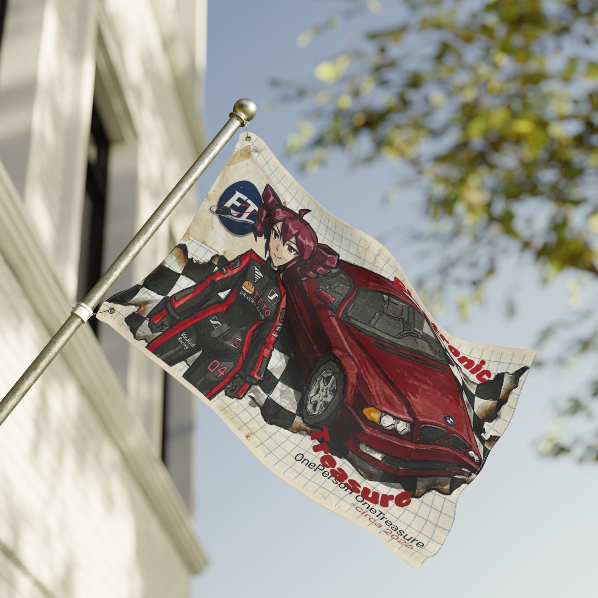 Red Haired Racer Double-Sided Flag | Anime Racing Wall Flag | Vocaloid Car Club Fan Banner | JDM Anime Room Decor