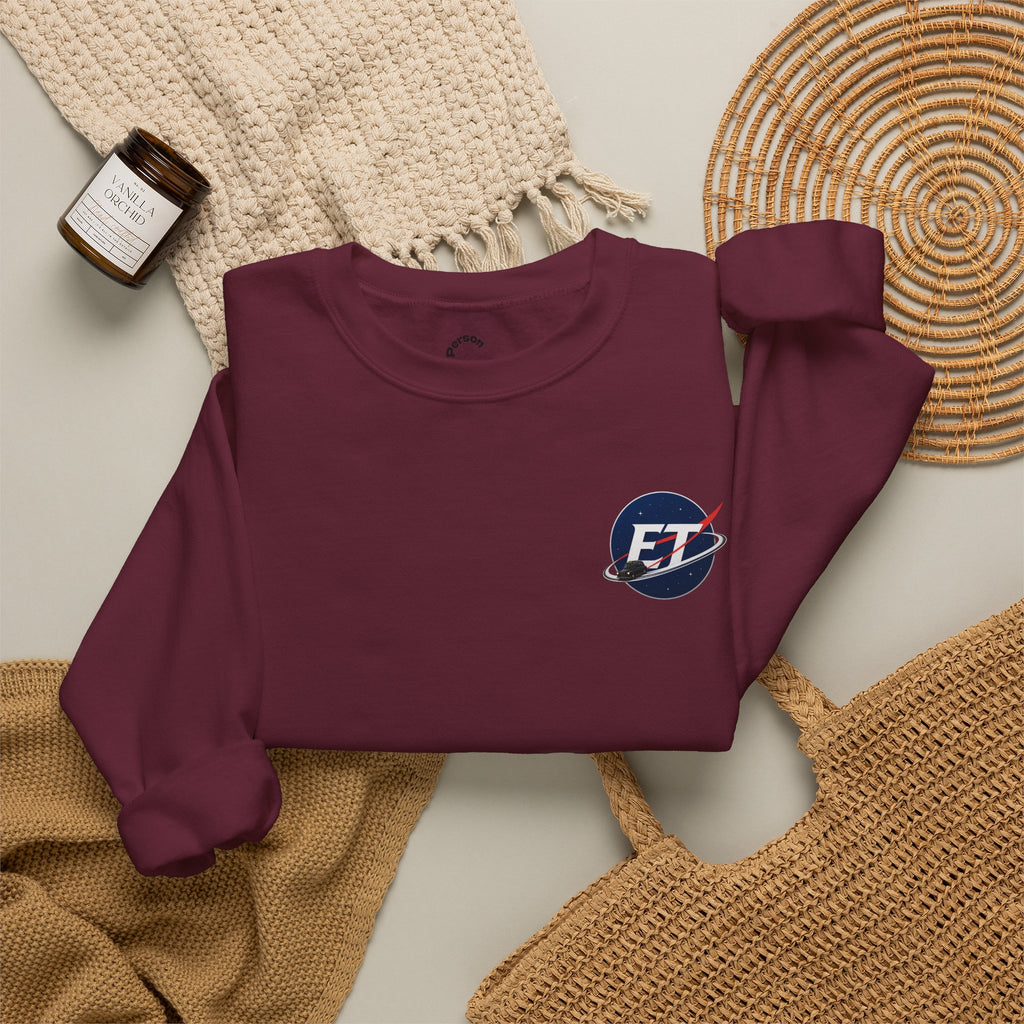 "Electronic Treasure" Embroidered Crewneck Sweater — Low Poly Rabbit Gunslinger Back Print | Unisex Long Sleeve