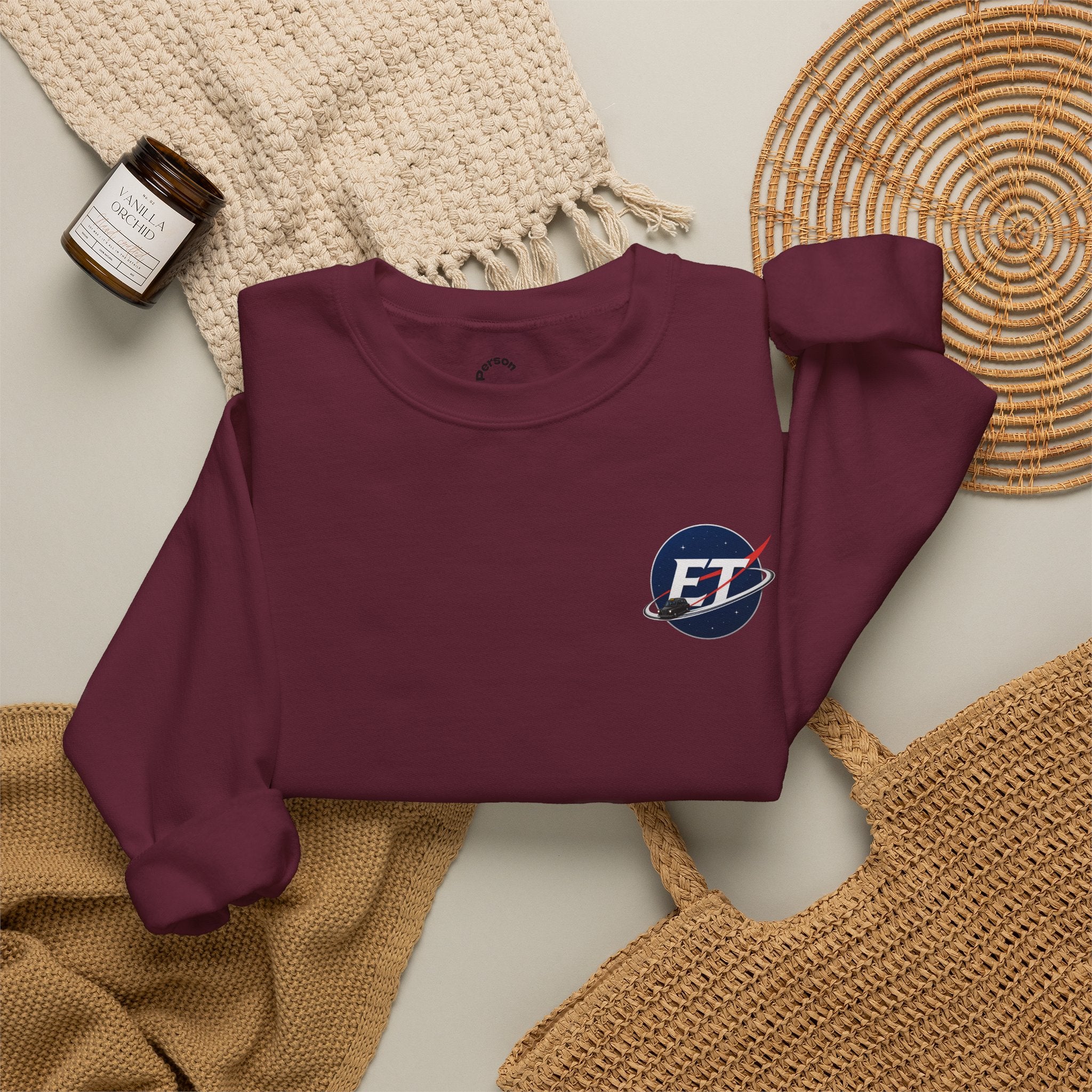 "Electronic Treasure" Embroidered Crewneck Sweater — Low Poly Rabbit Gunslinger Back Print | Unisex Long Sleeve