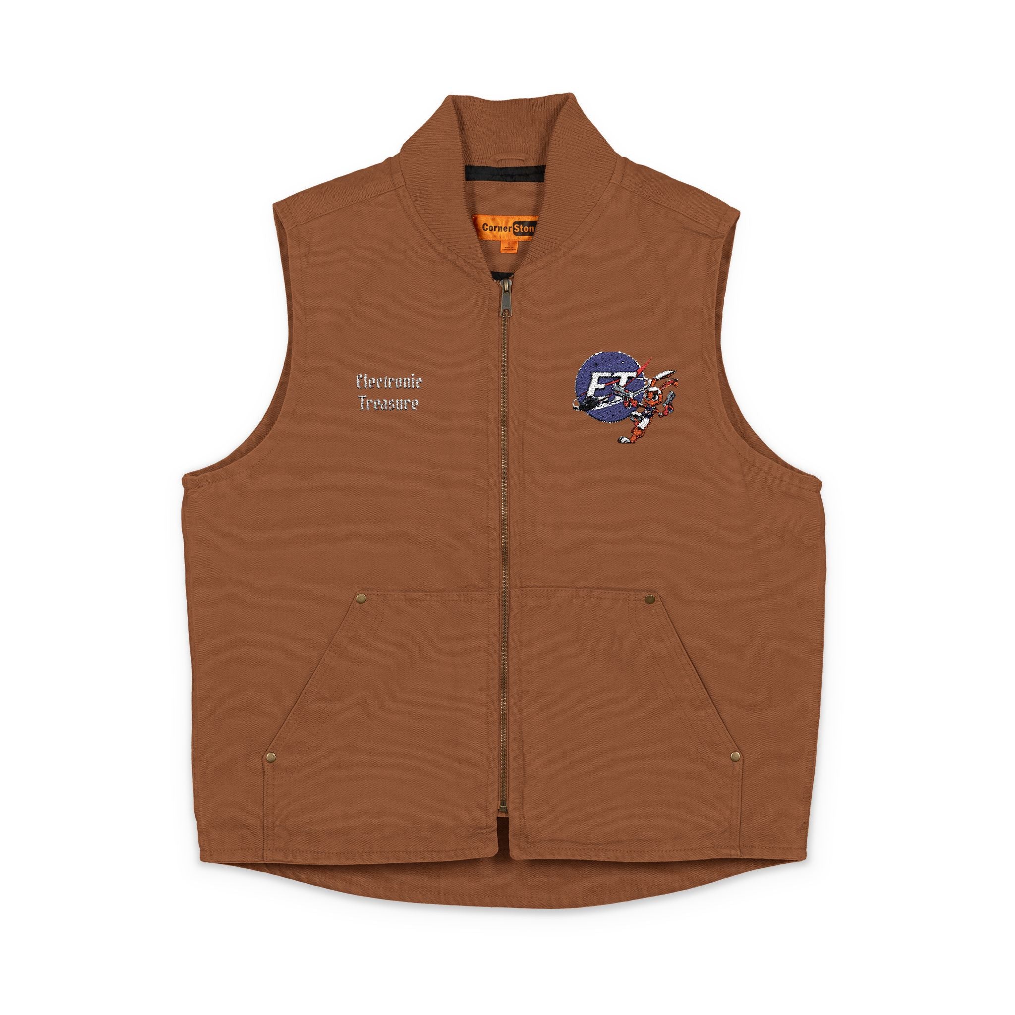 Electronic Treasure x CornerStone Washed Duck Cloth Vest | Custom Embroidered Enzo Mascot | Personalized Workwear Streetwear Vest | Anime Work Vest