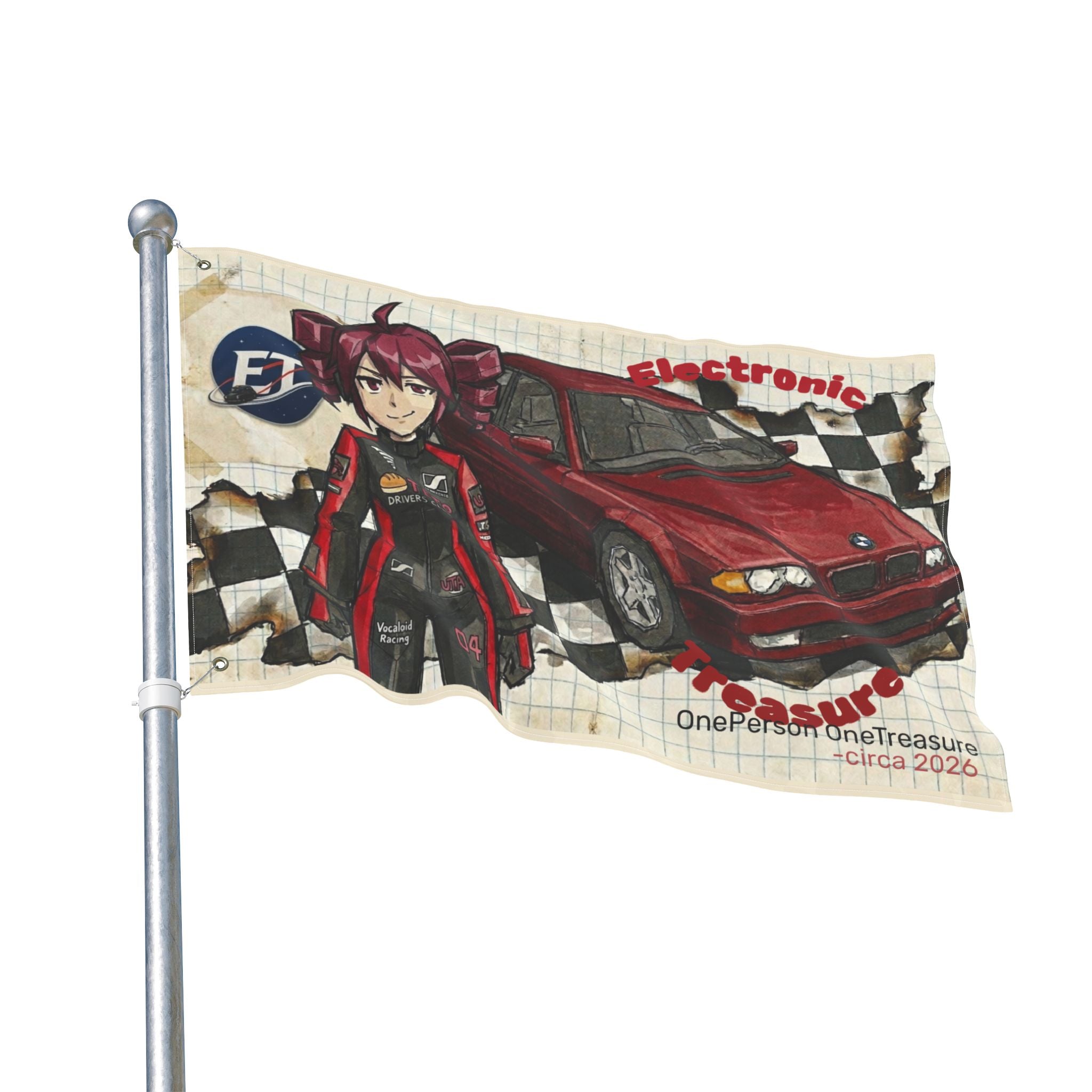 Red Haired Racer Double-Sided Flag | Anime Racing Wall Flag | Vocaloid Car Club Fan Banner | JDM Anime Room Decor