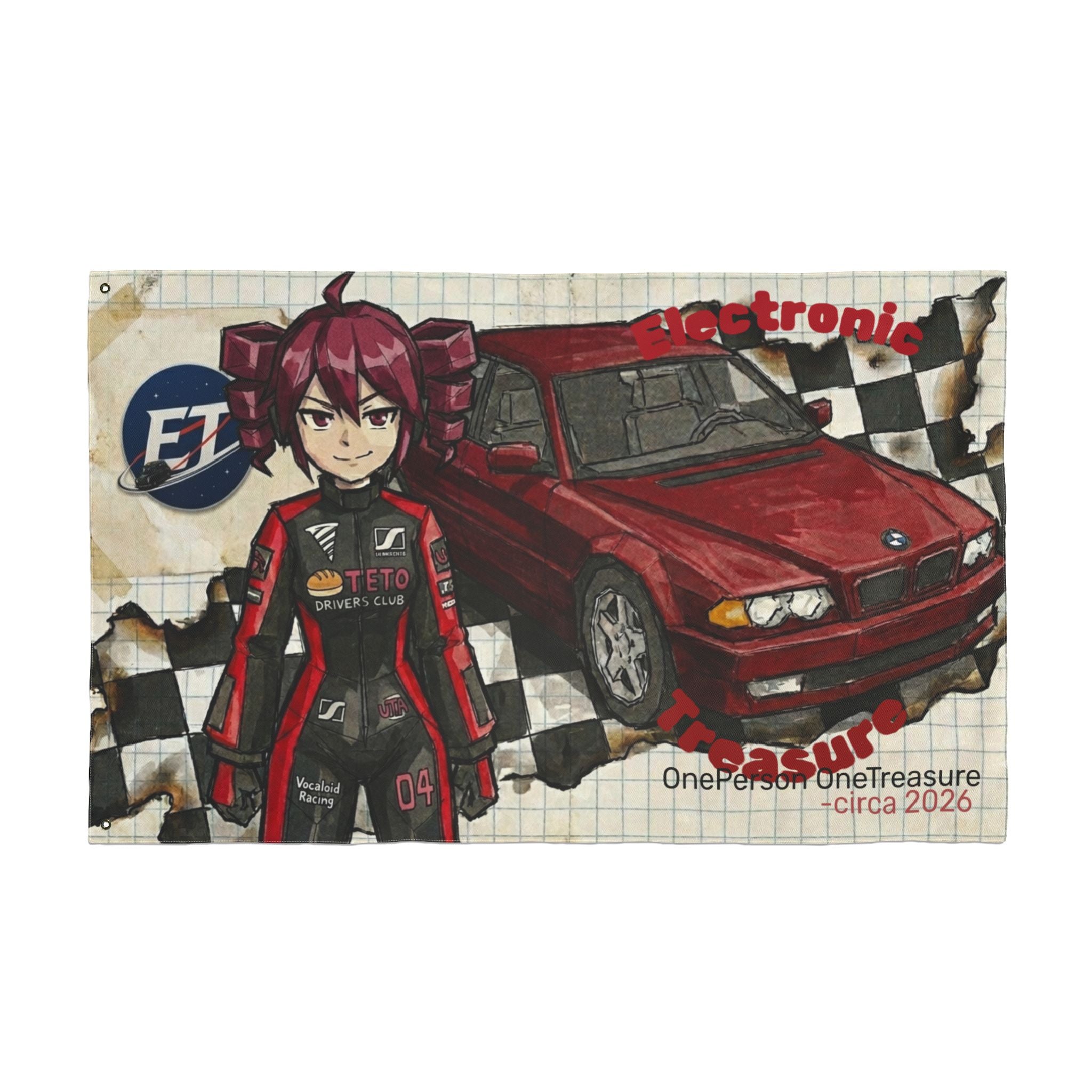 Red Haired Racer Double-Sided Flag | Anime Racing Wall Flag | Vocaloid Car Club Fan Banner | JDM Anime Room Decor