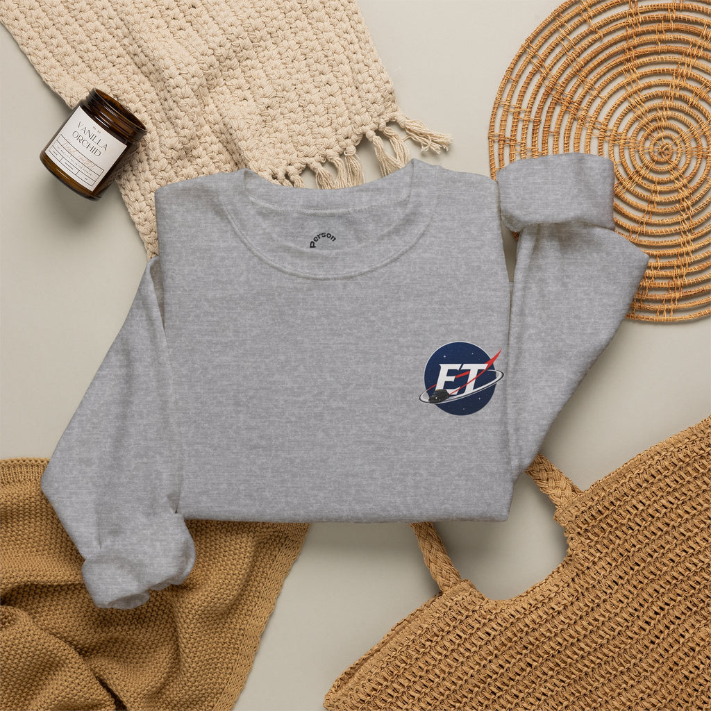 "Electronic Treasure" Embroidered Crewneck Sweater — Low Poly Rabbit Gunslinger Back Print | Unisex Long Sleeve