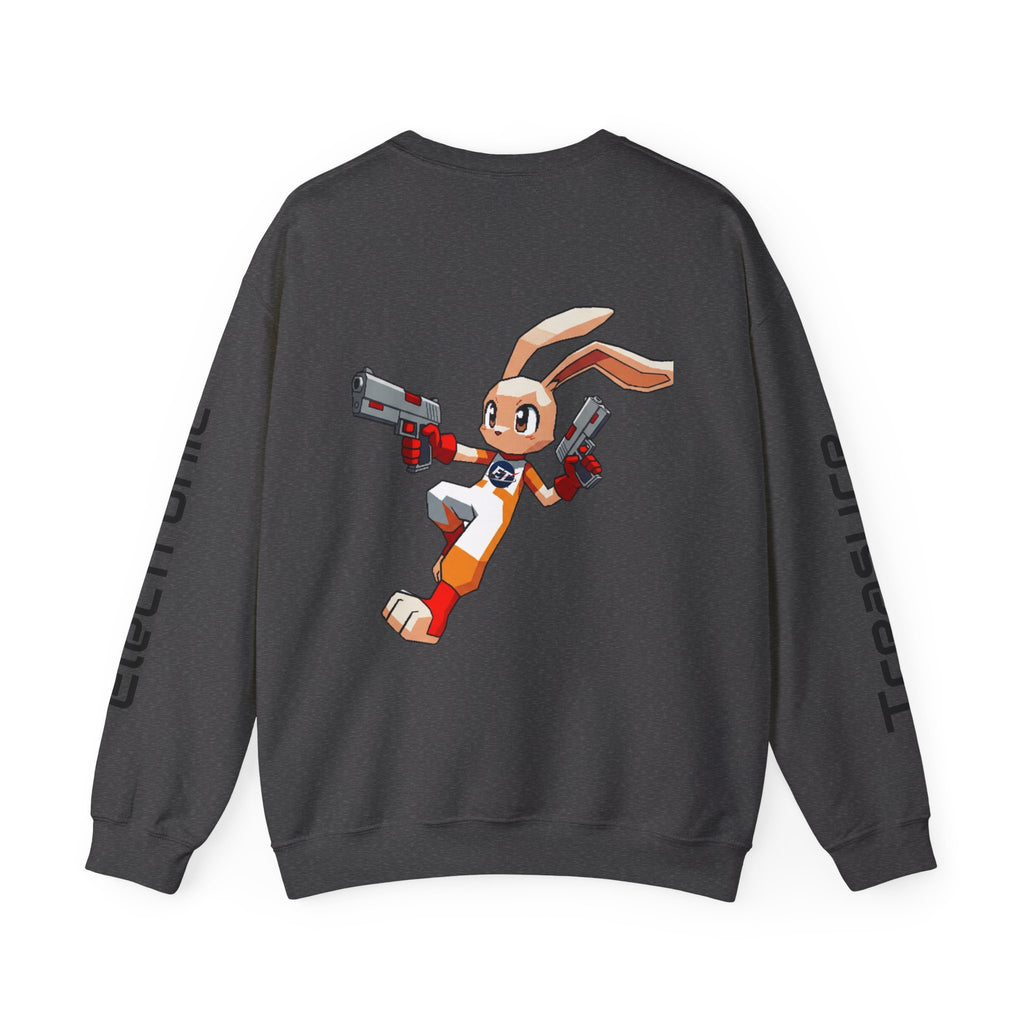 "Electronic Treasure" Embroidered Crewneck Sweater — Low Poly Rabbit Gunslinger Back Print | Unisex Long Sleeve