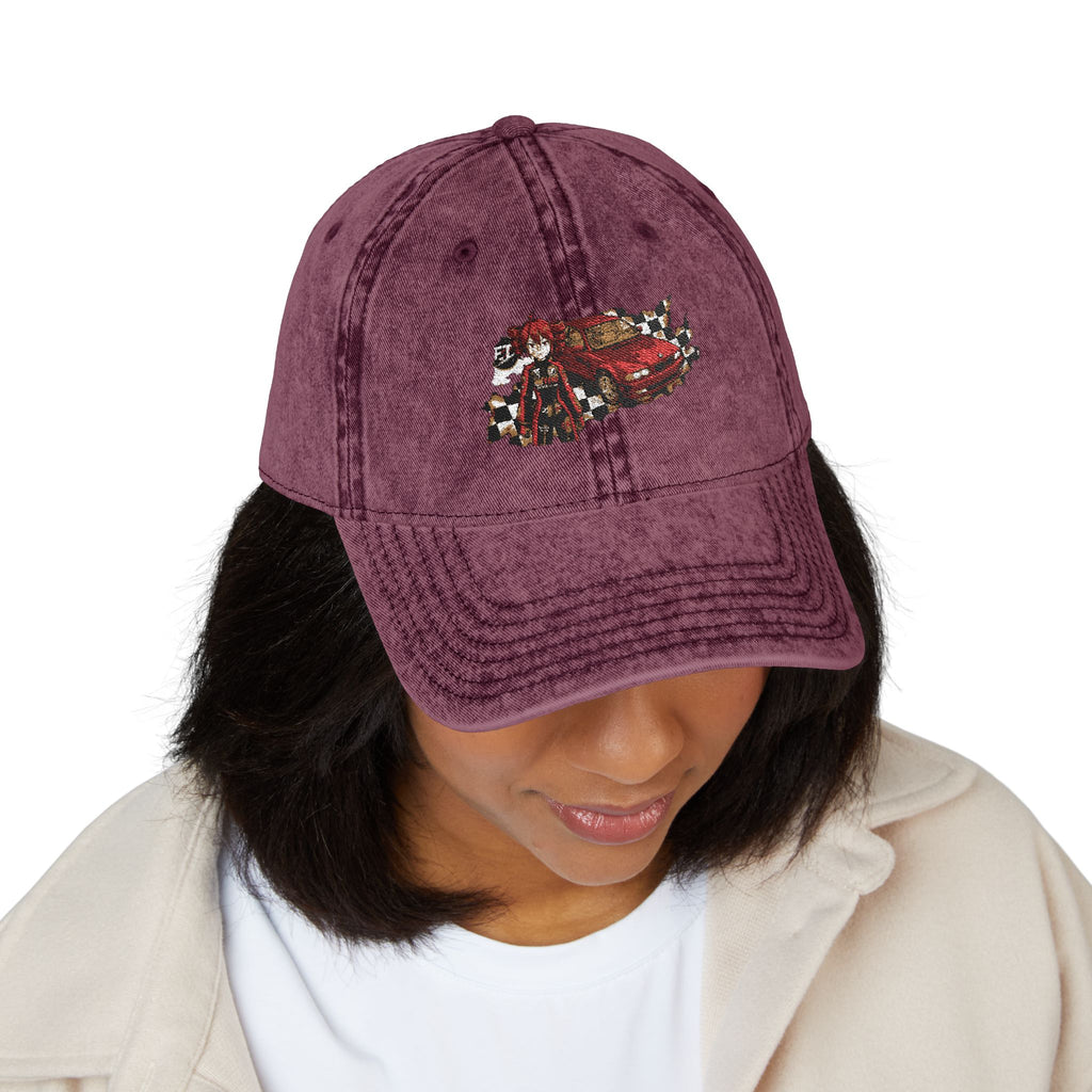 Red Haired Racer Vintage Embroidered Hat | Anime Racing Dad Cap | BMW Anime Washed Cap | Vocaloid Car Club Baseball Hat
