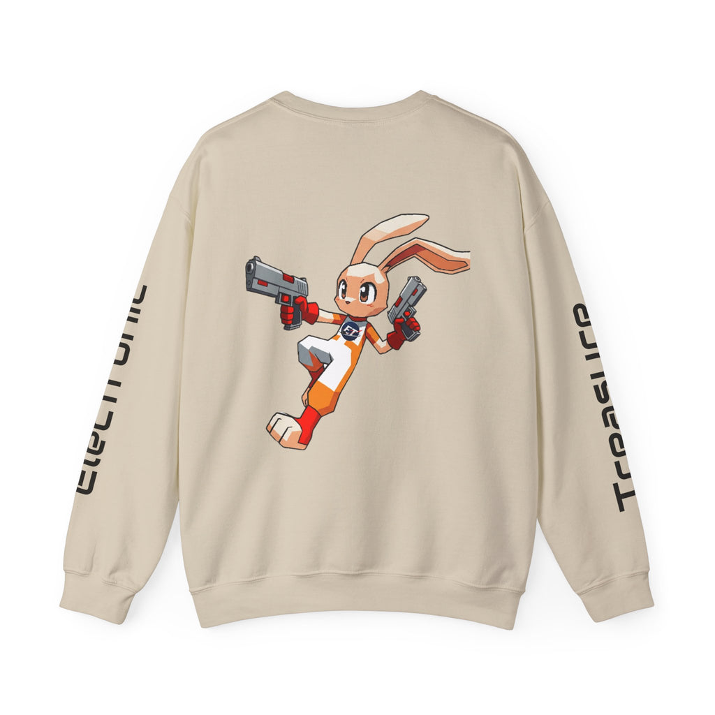 "Electronic Treasure" Embroidered Crewneck Sweater — Low Poly Rabbit Gunslinger Back Print | Unisex Long Sleeve