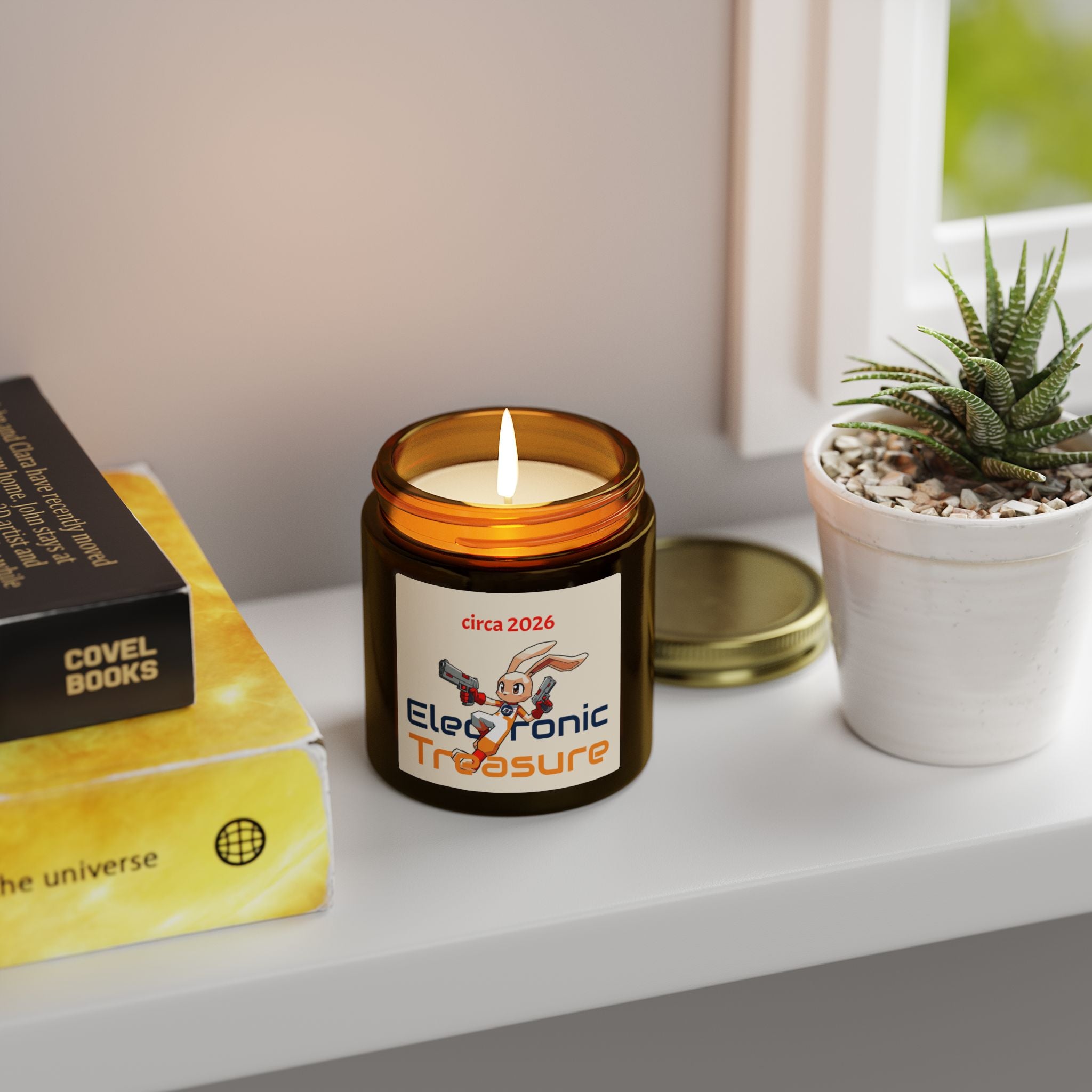 Electronic Treasure Candle — Coconut Apricot | "circa 2026" Low Poly Rabbit Gunslinger Jar Candle