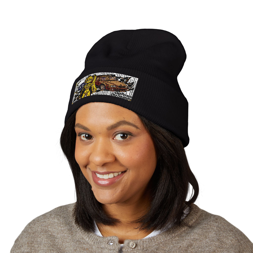 Yellow Haired Racer Embroidered Cuffed Beanie | Anime Racing Winter Hat | BMW Anime Streetwear Beanie | Vocaloid Car Club Knit Hat