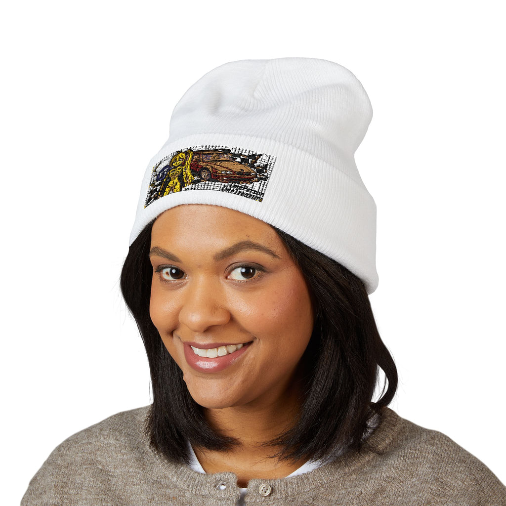 Yellow Haired Racer Embroidered Cuffed Beanie | Anime Racing Winter Hat | BMW Anime Streetwear Beanie | Vocaloid Car Club Knit Hat