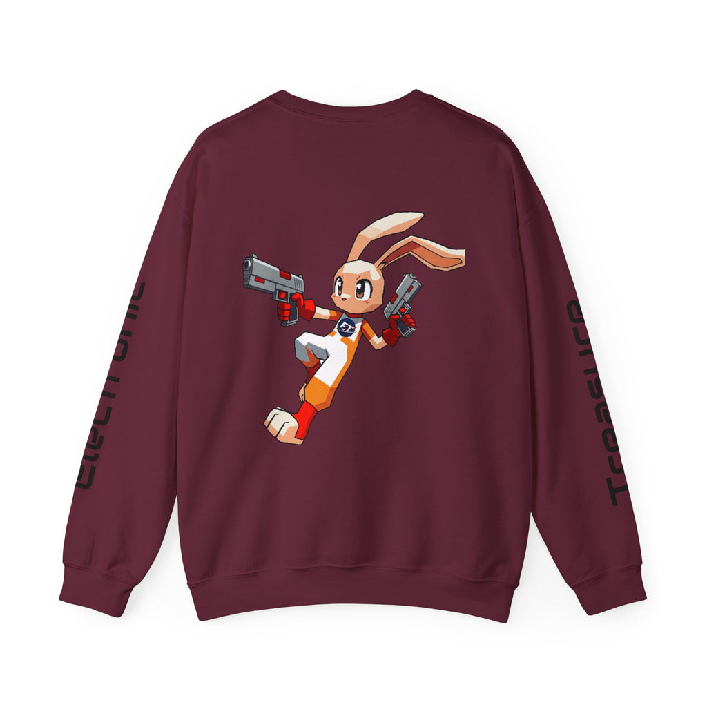"Electronic Treasure" Embroidered Crewneck Sweater — Low Poly Rabbit Gunslinger Back Print | Unisex Long Sleeve