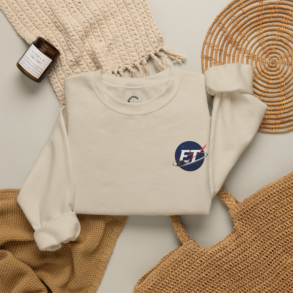 "Electronic Treasure" Embroidered Crewneck Sweater — Low Poly Rabbit Gunslinger Back Print | Unisex Long Sleeve