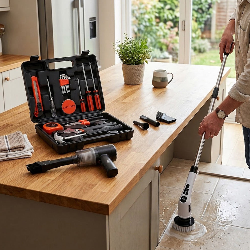 🛠️ Handy Solutions 16-Piece Tool Kit + Cordless Power Scrubber + 2-in-1 Mini Wireless Vacuum & Air Duster Bundle 🌟